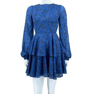 Love by Theia Dress Women 2 Blue Chiffon Floral Ruffle Tiered Strappy Back Party